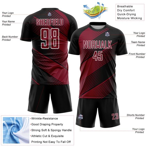 Custom Black Crimson-White Line Sublimation Soccer Uniform Jersey