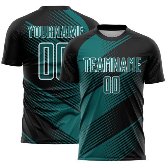 Custom Black Teal-White Line Sublimation Soccer Uniform Jersey