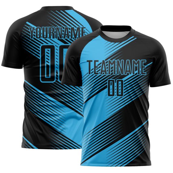 Custom Black Sky Blue Line Sublimation Soccer Uniform Jersey