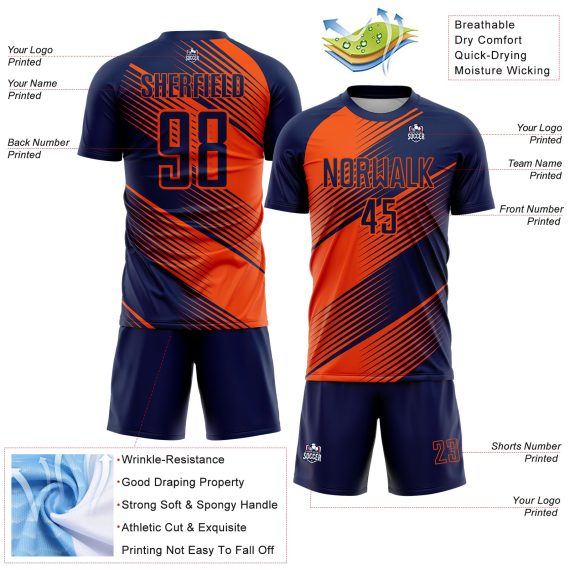 Custom Navy Orange Line Sublimation Soccer Uniform Jersey