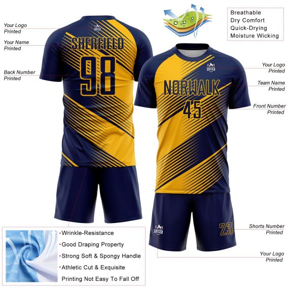 Custom Navy Gold Line Sublimation Soccer Uniform Jersey