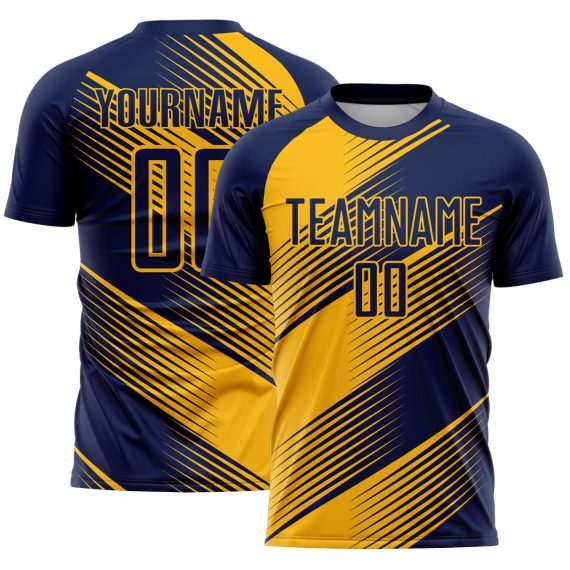 Custom Navy Gold Line Sublimation Soccer Uniform Jersey
